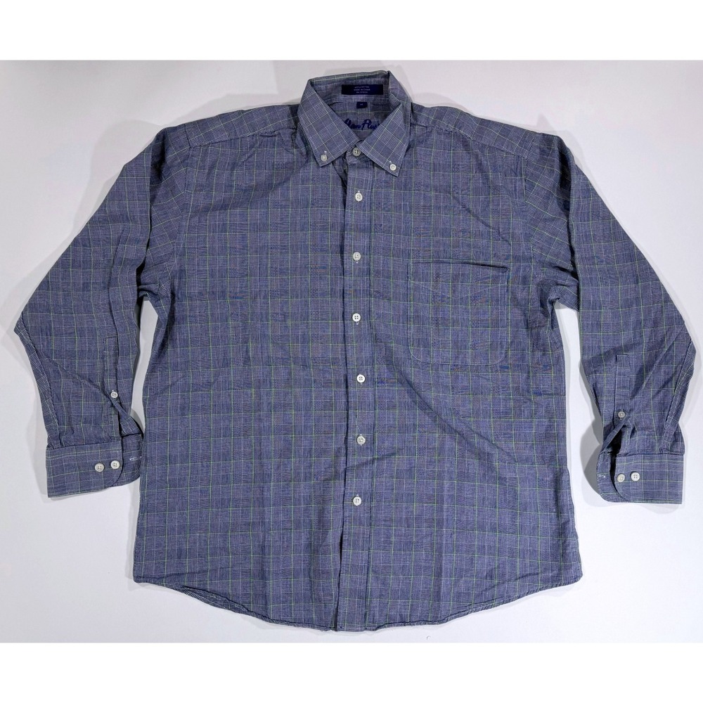 Alan Flusser Mens Medium Blue Green Glen Plaid‎ Button Down Shirt Cotton